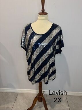 Lavish Navy and Silver Diagonal Sequin Short Sleeve Top - 2X